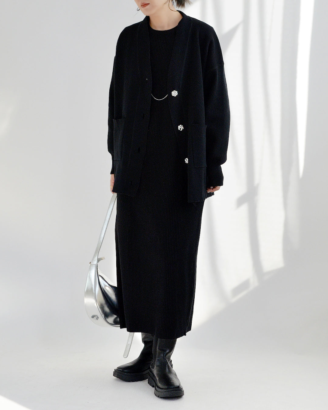 カーディガン×ニットワンピースコーデ2点セット