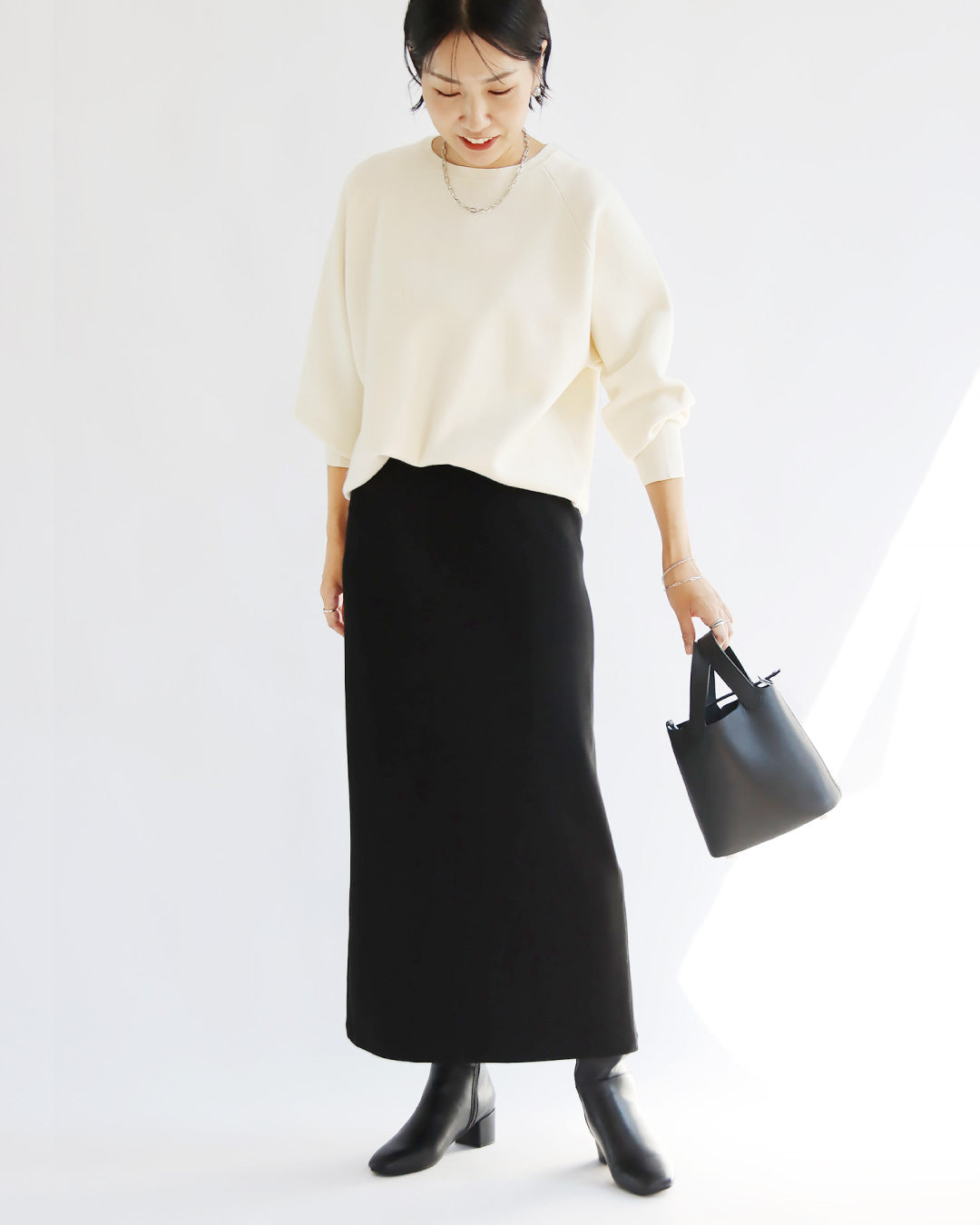 スウェットライクニット×リブタイトスカートコーデ2点セット