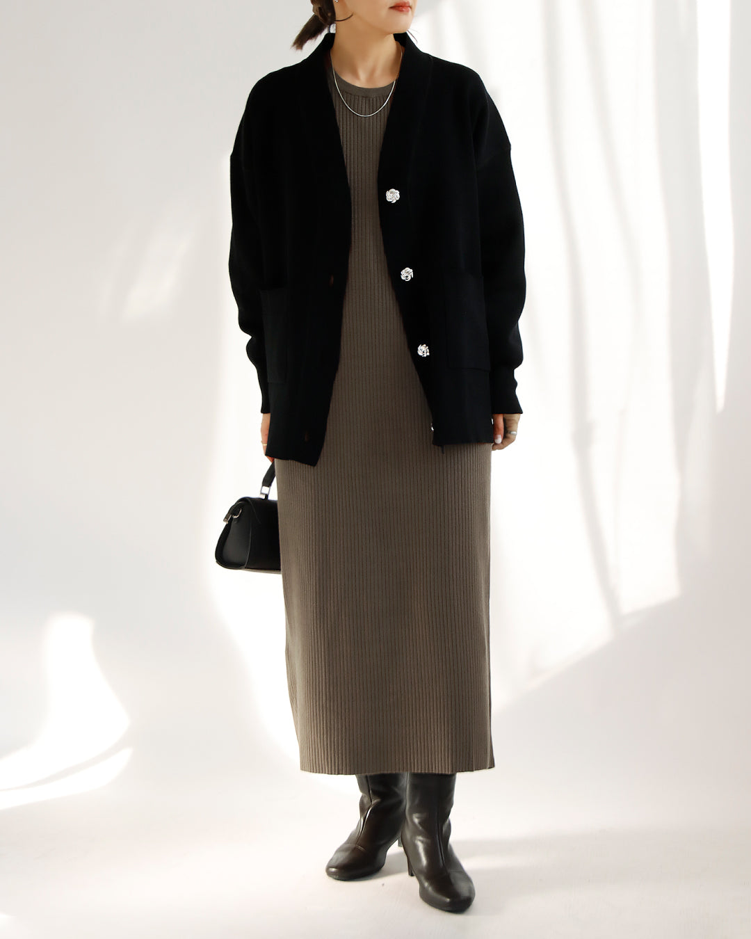 カーディガン×ニットワンピースコーデ2点セット