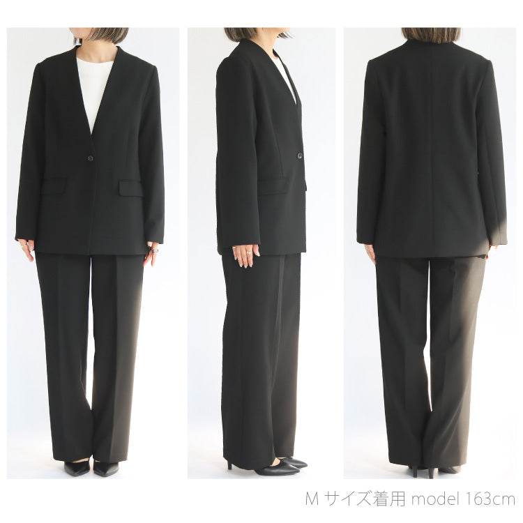 ノーカラージャケット×ワイドパンツスーツ