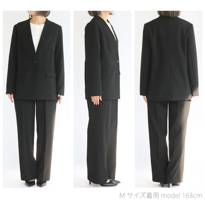 ノーカラージャケット×ワイドパンツスーツ